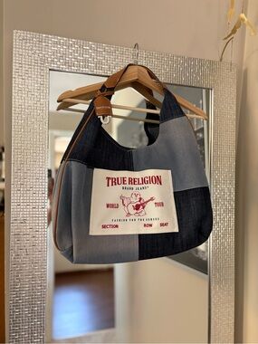 True Religion Patchwork Denim & Brown Trim Messenger Bag
